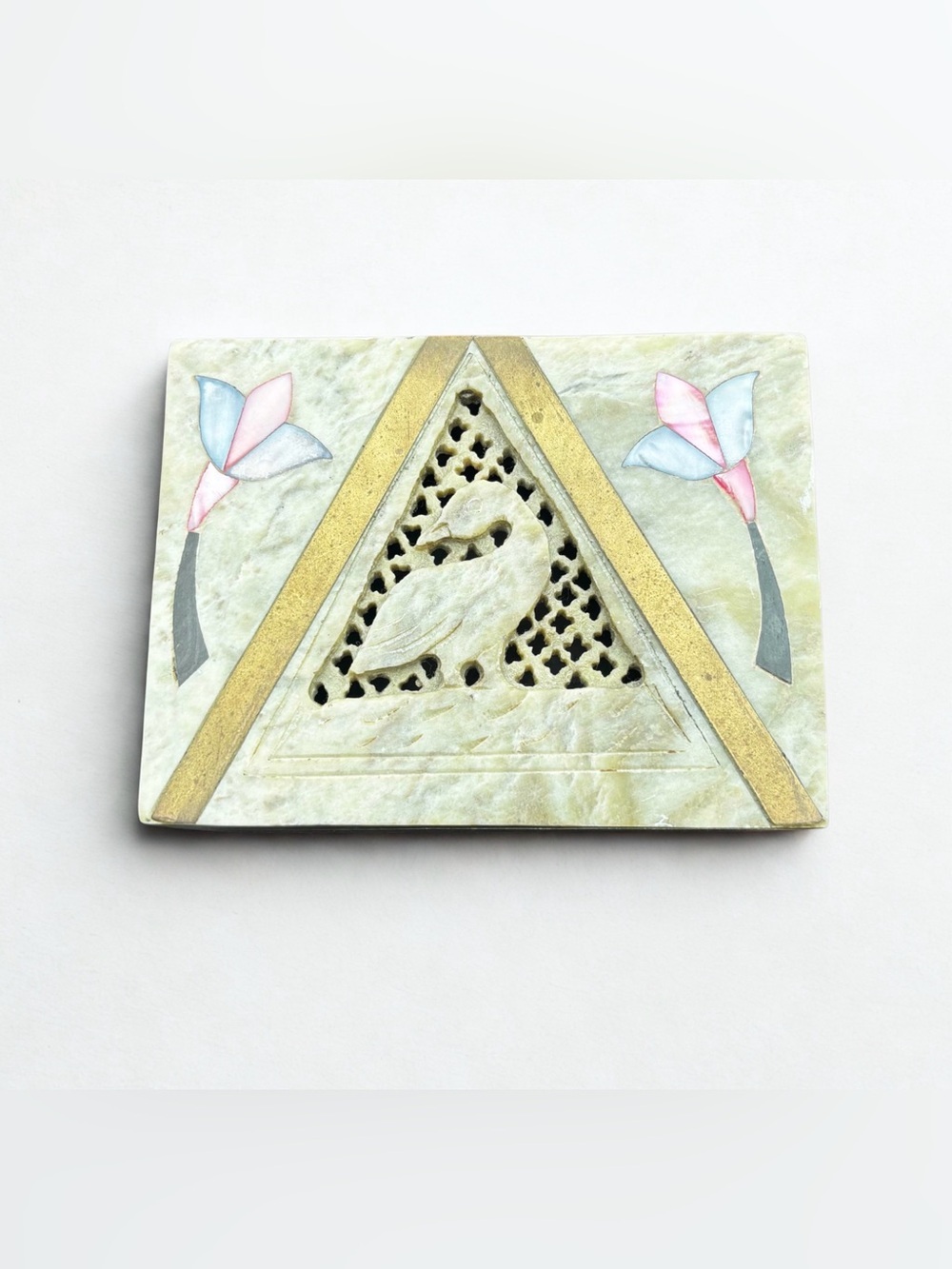 Hand Carved Indian Stone Trinket or Jewelry Box W/ Mother of Pearl Floral Inlay